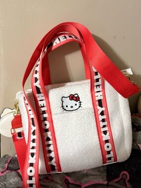 Hello Kitty White Sherpa Tote with Red Logo Straps and Embroidered Face